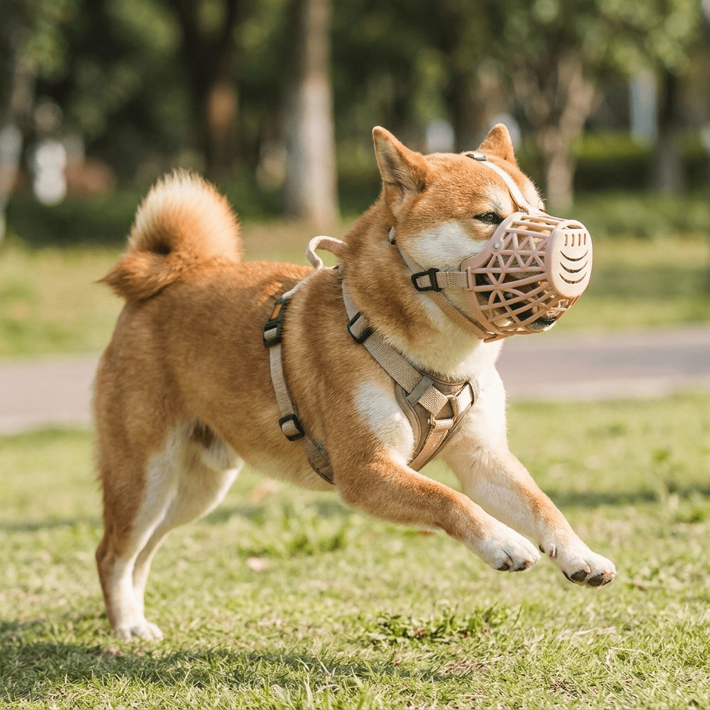 museliere cage a cordon ajustable sur shiba inu qui court dans un parc