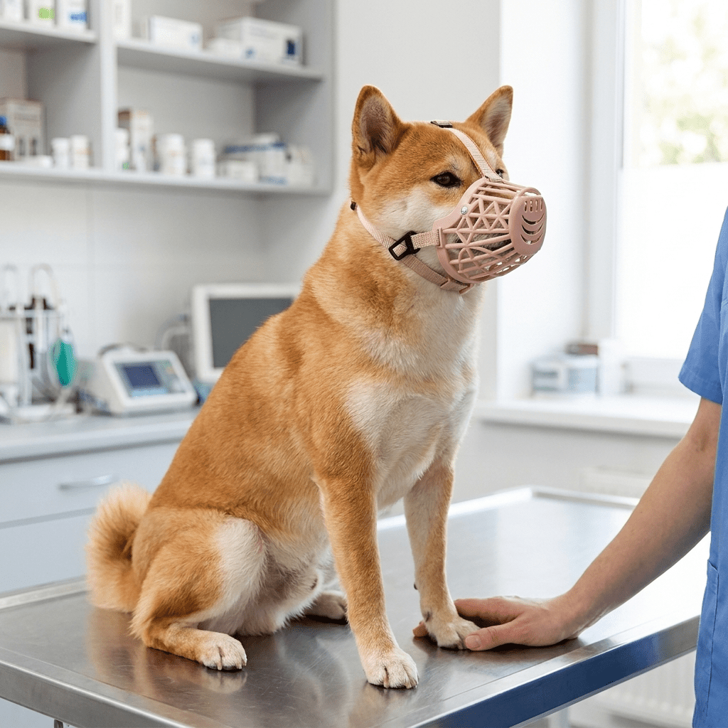 museliere cage a cordon ajustable sur shiba inu chez le veterinaire