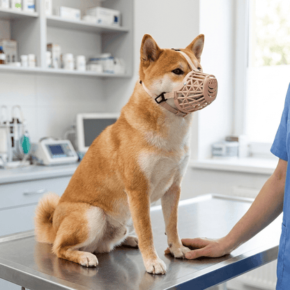 museliere cage a cordon ajustable sur shiba inu chez le veterinaire