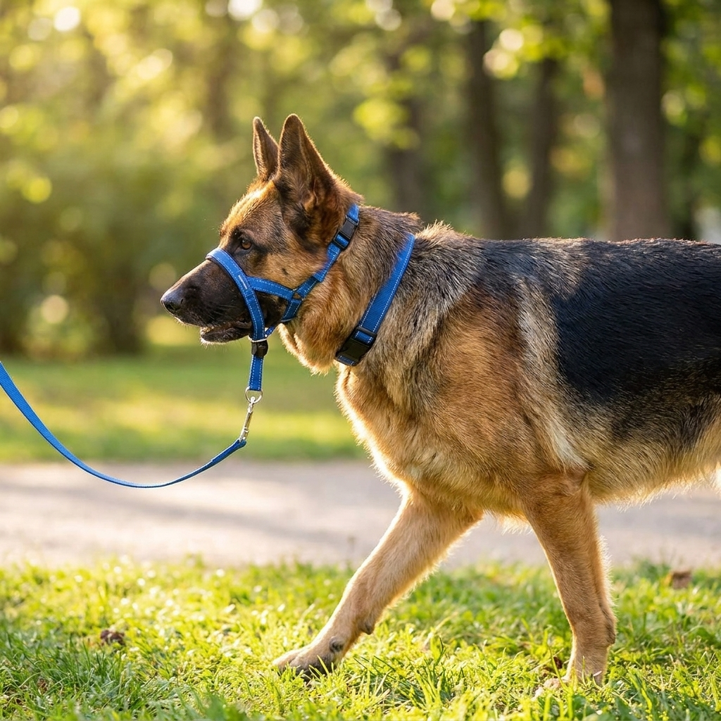 museliere chien anti traction bleu sur berger allemand en promenade profil