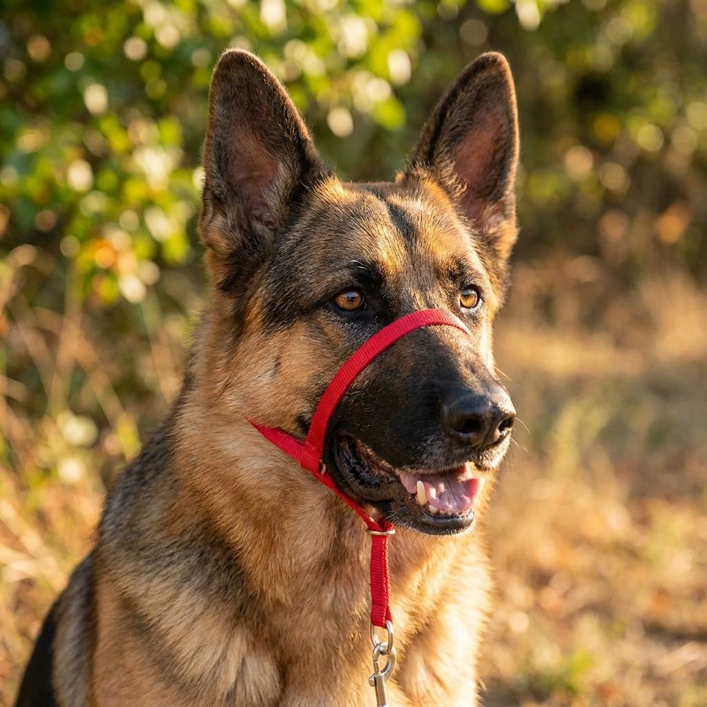museliere chien anti traction rouge sur berger allemand portrait exterieur