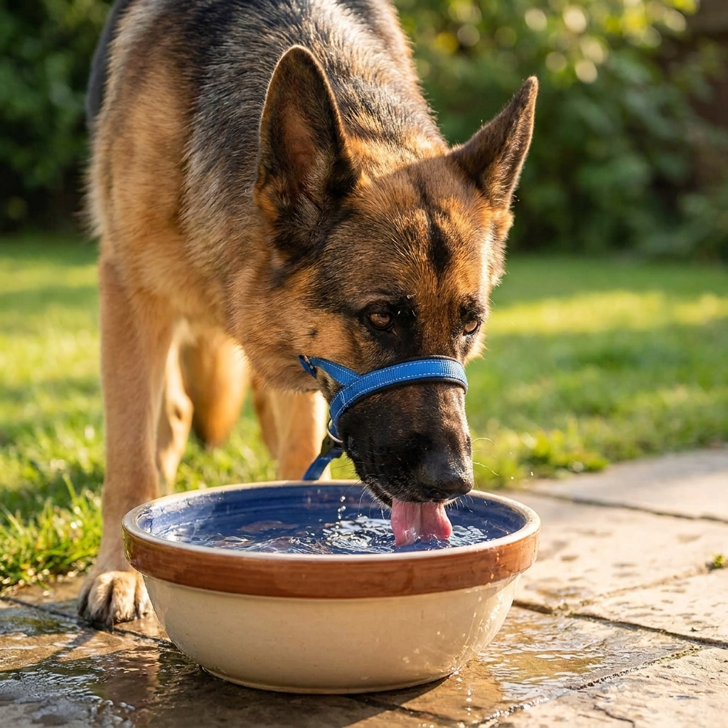 museliere chien anti traction bleu sur berger allemand buvant de l eau gueule libre