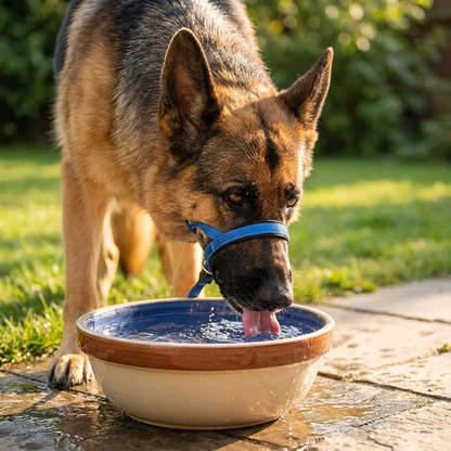 museliere chien anti traction bleu sur berger allemand buvant de l eau gueule libre