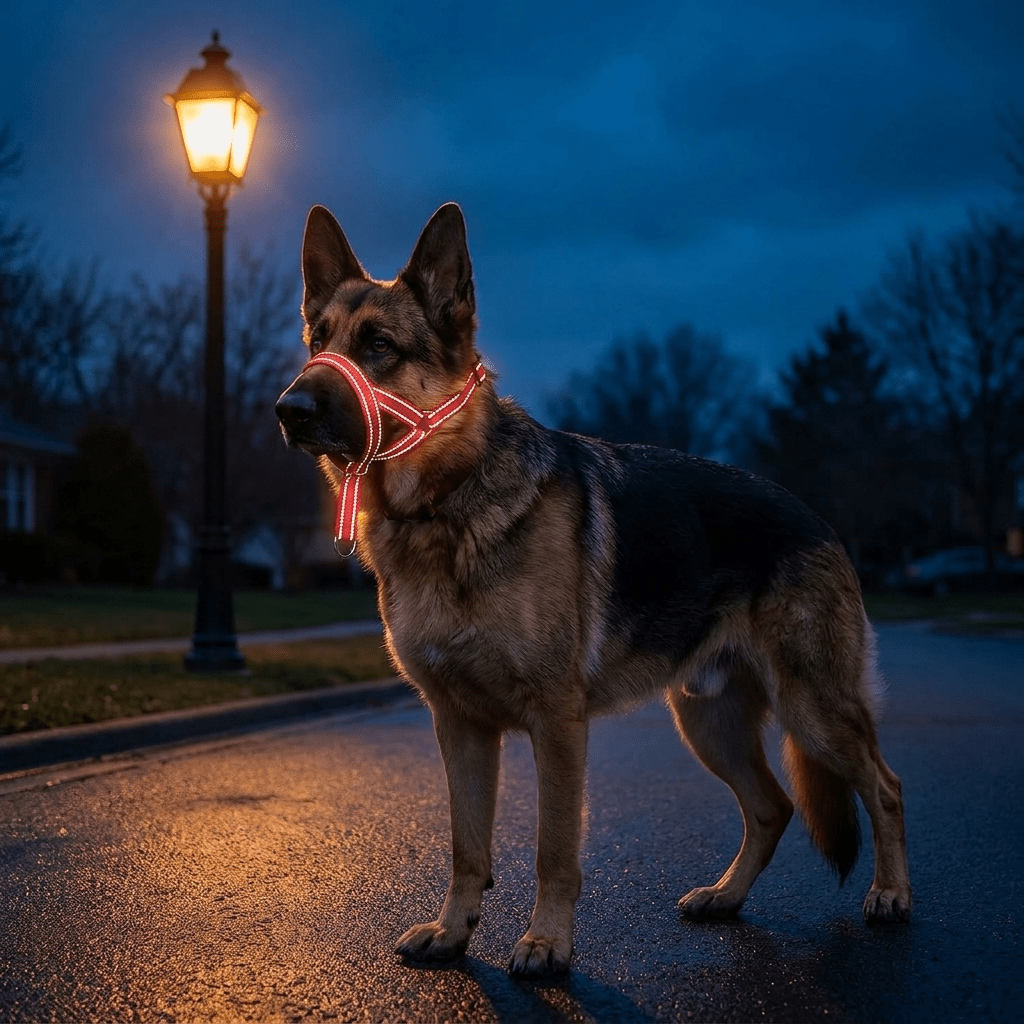 museliere chien anti traction rouge sur berger allemand bande reflechissante la nuit