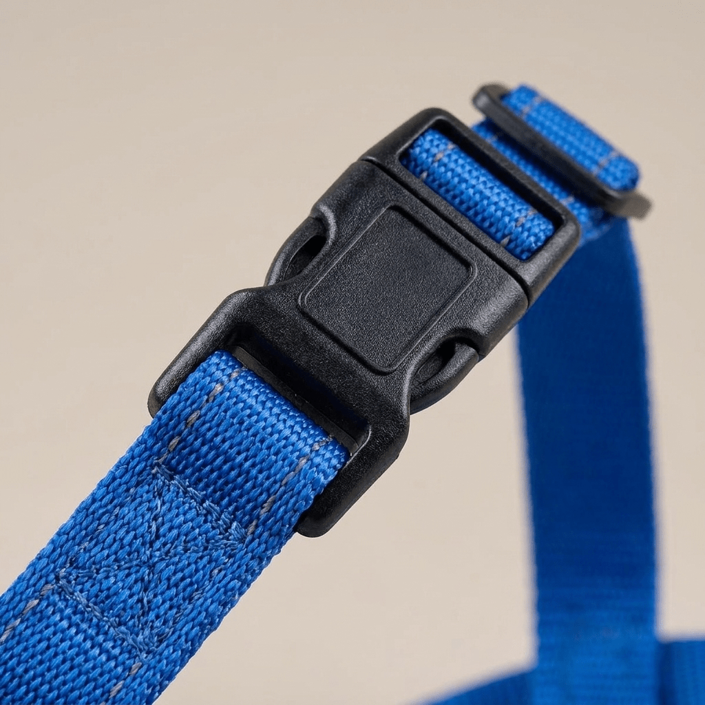 museliere chien anti traction gros plan boucle ajustement bleu