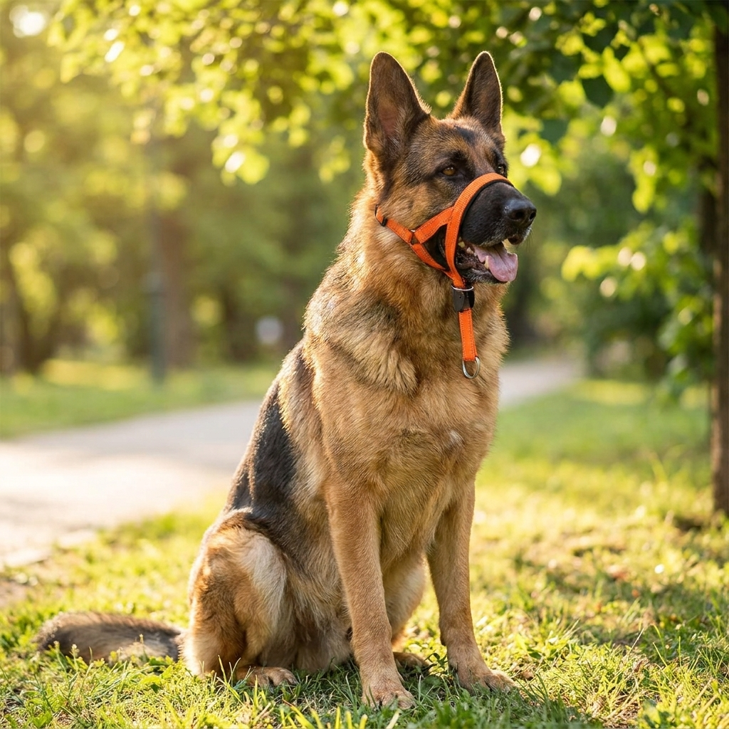 museliere chien anti traction orange sur berger allemand assis exterieur