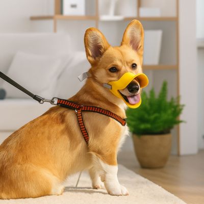 Muselière chien silicone jaune pour corgi en intérieur bec de canard