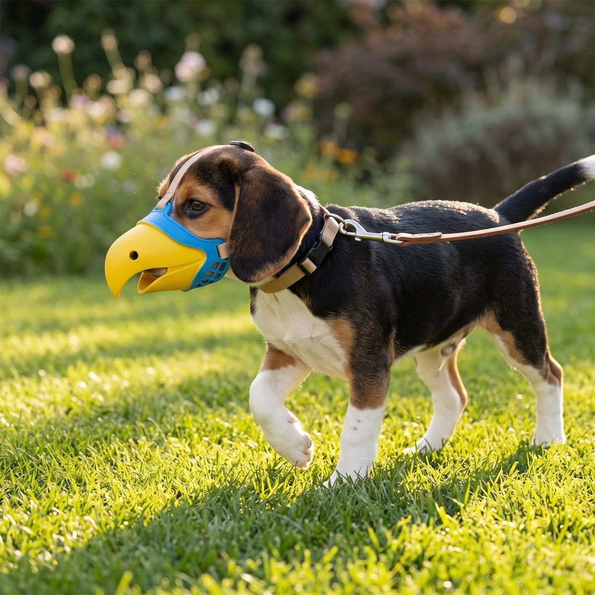 Chiot Beagle tricolore portant la muselière chien bec de perroquet en promenade extérieure