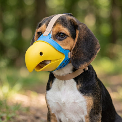 Gros plan sur le visage d'un chiot Beagle tricolore portant la muselière chien bec de perroquet