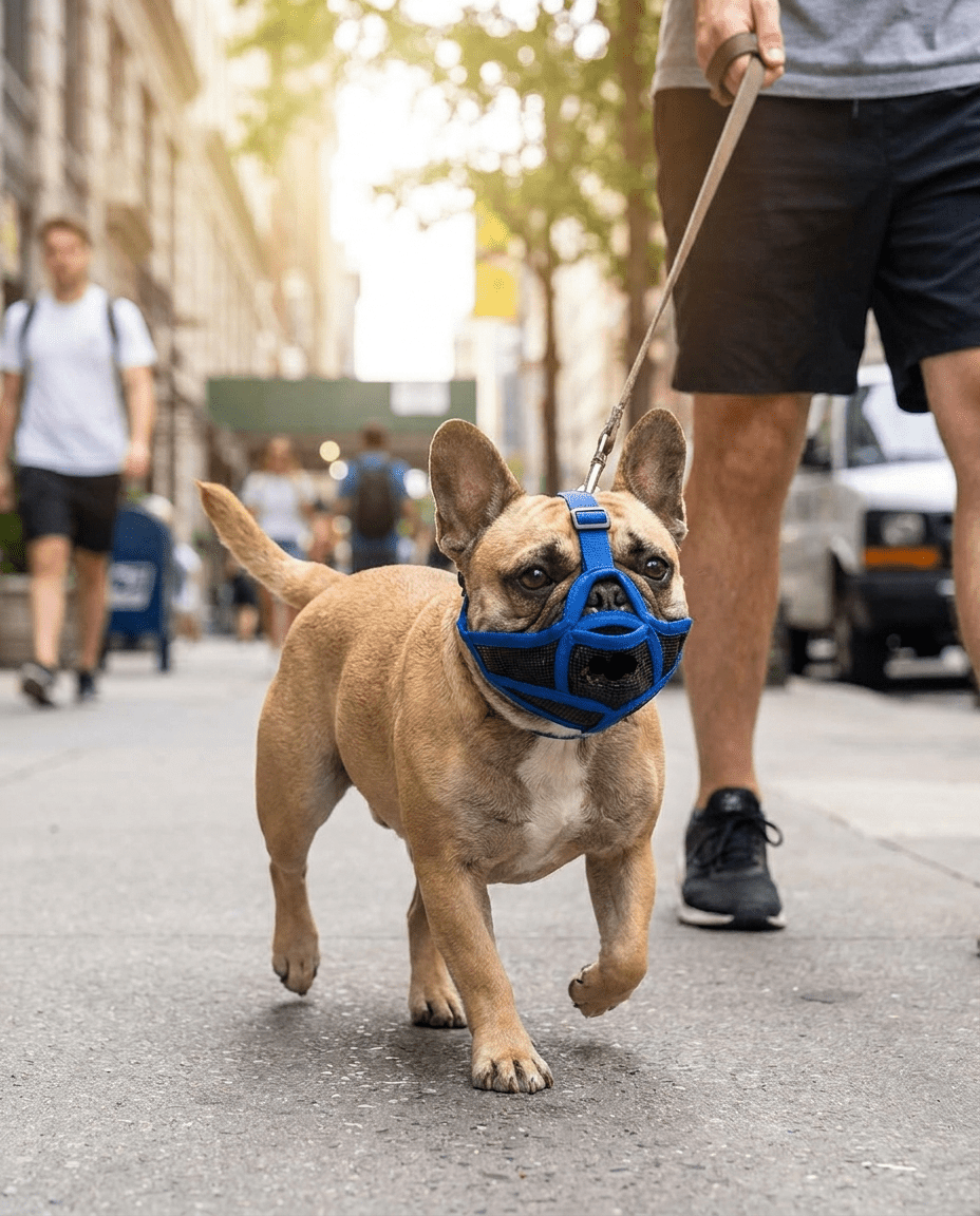 museliere chien museau plat bleue sur bouledogue francais en promenade