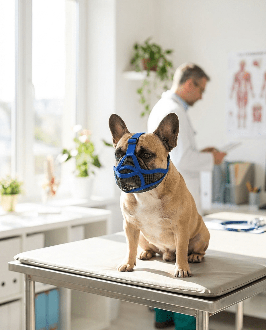 museliere chien museau plat bleue sur bouledogue francais chez le veterinaire