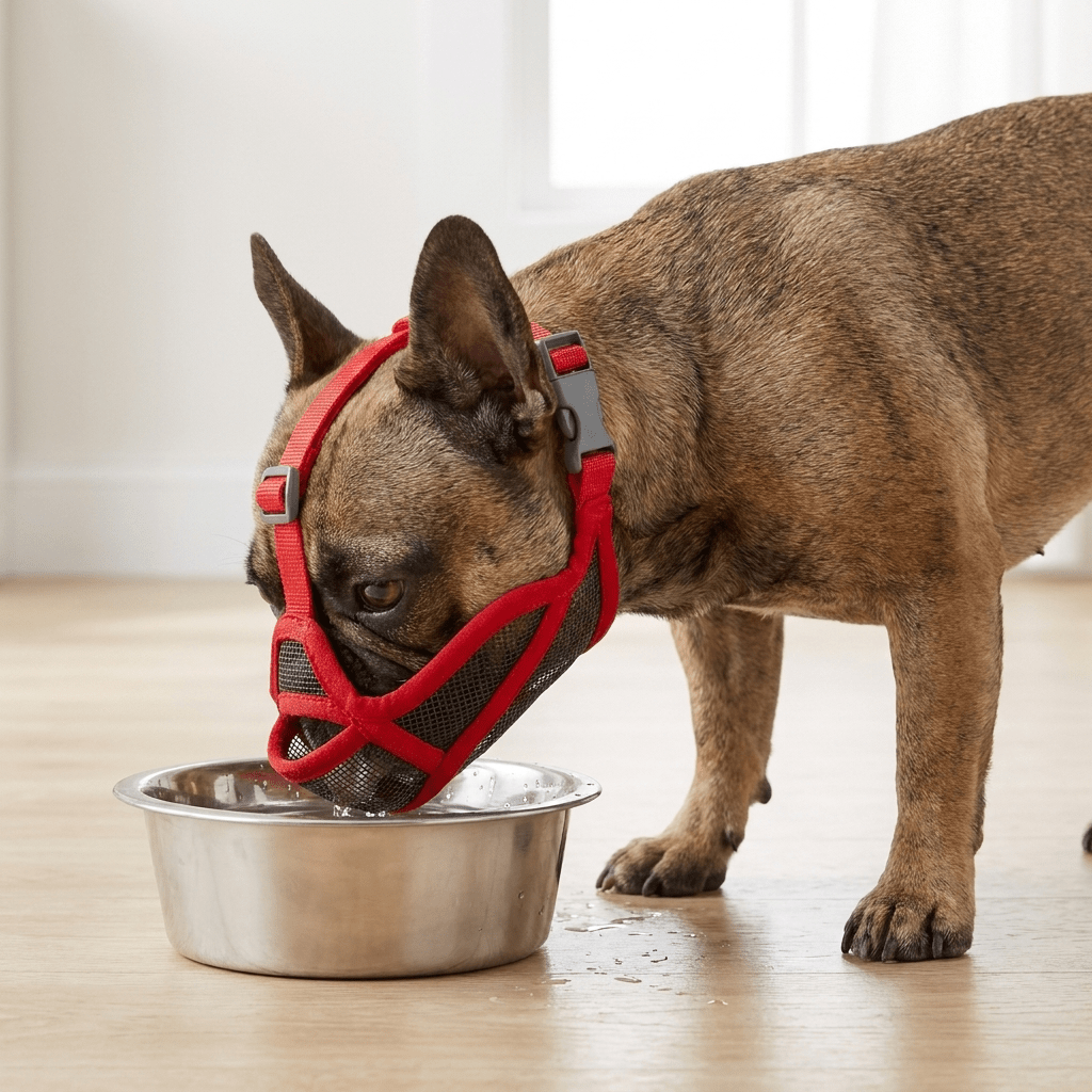 museliere chien museau plat rouge sur bouledogue francais qui boit de l'eau