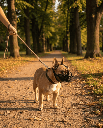 museliere chien museau plat noire sur bouledogue francais en promenade avec son maitre