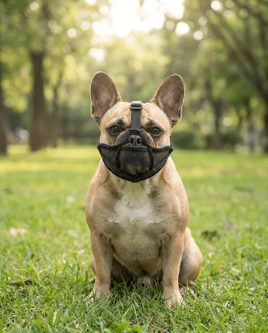 museliere chien museau plat noire sur bouledogue francais portrait