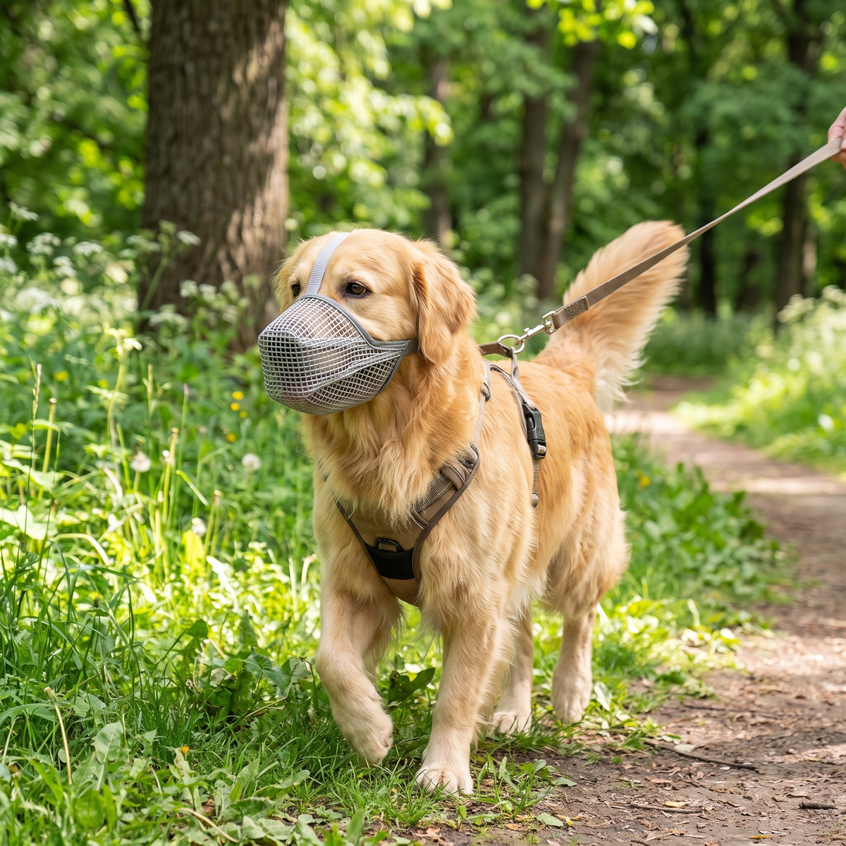 museliere chien cage en nylon grise sur golden retriever en promenade exterieur