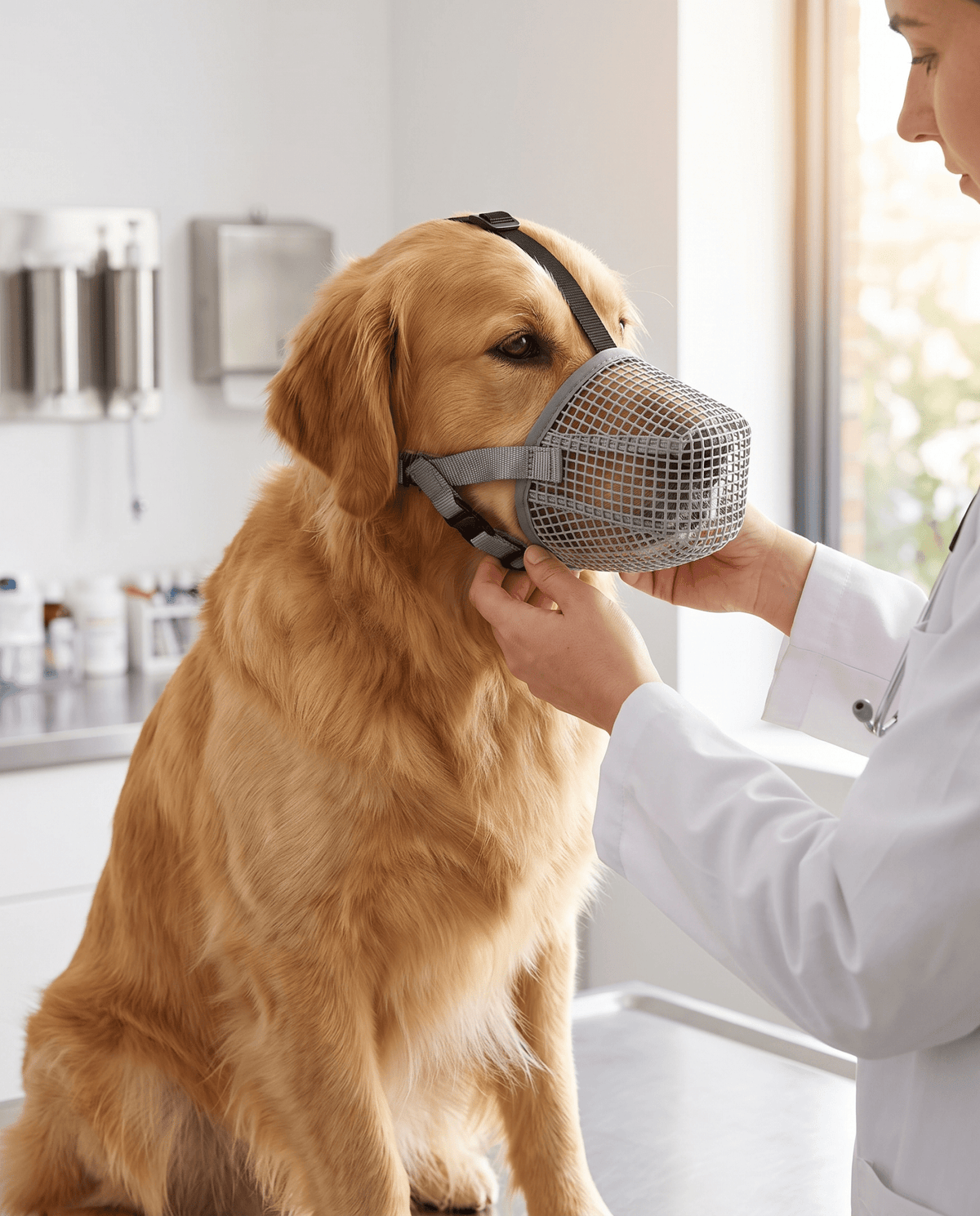 museliere chien cage en nylon grise sur golden retriever visite veterinaire