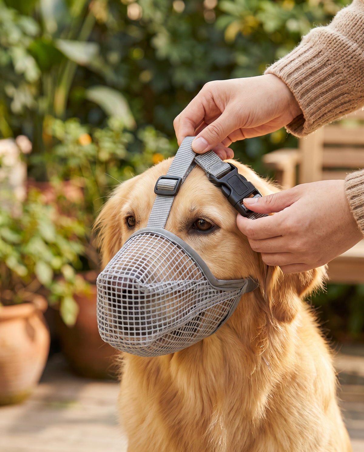museliere chien cage en nylon grise sur golden retriever maitre ajustant la boucle