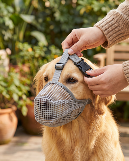 museliere chien cage en nylon grise sur golden retriever maitre ajustant la boucle