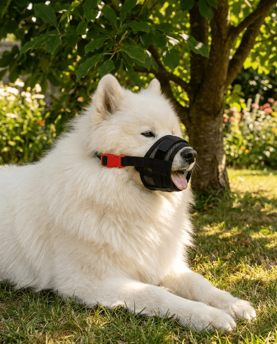 museliere chien a clip de securite noire sur samoyede qui halete a l'ombre