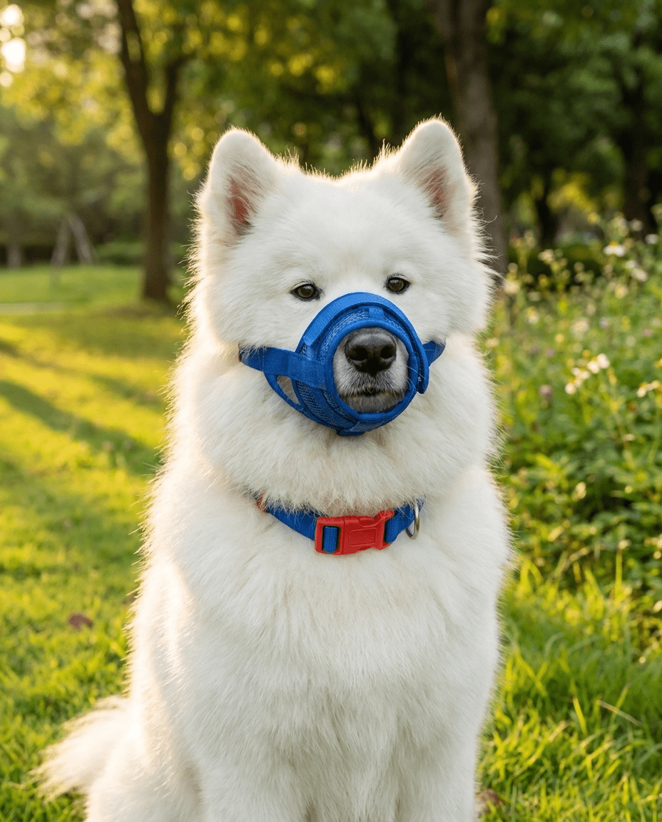 museliere chien a clip de securite bleue sur samoyede portrait parc