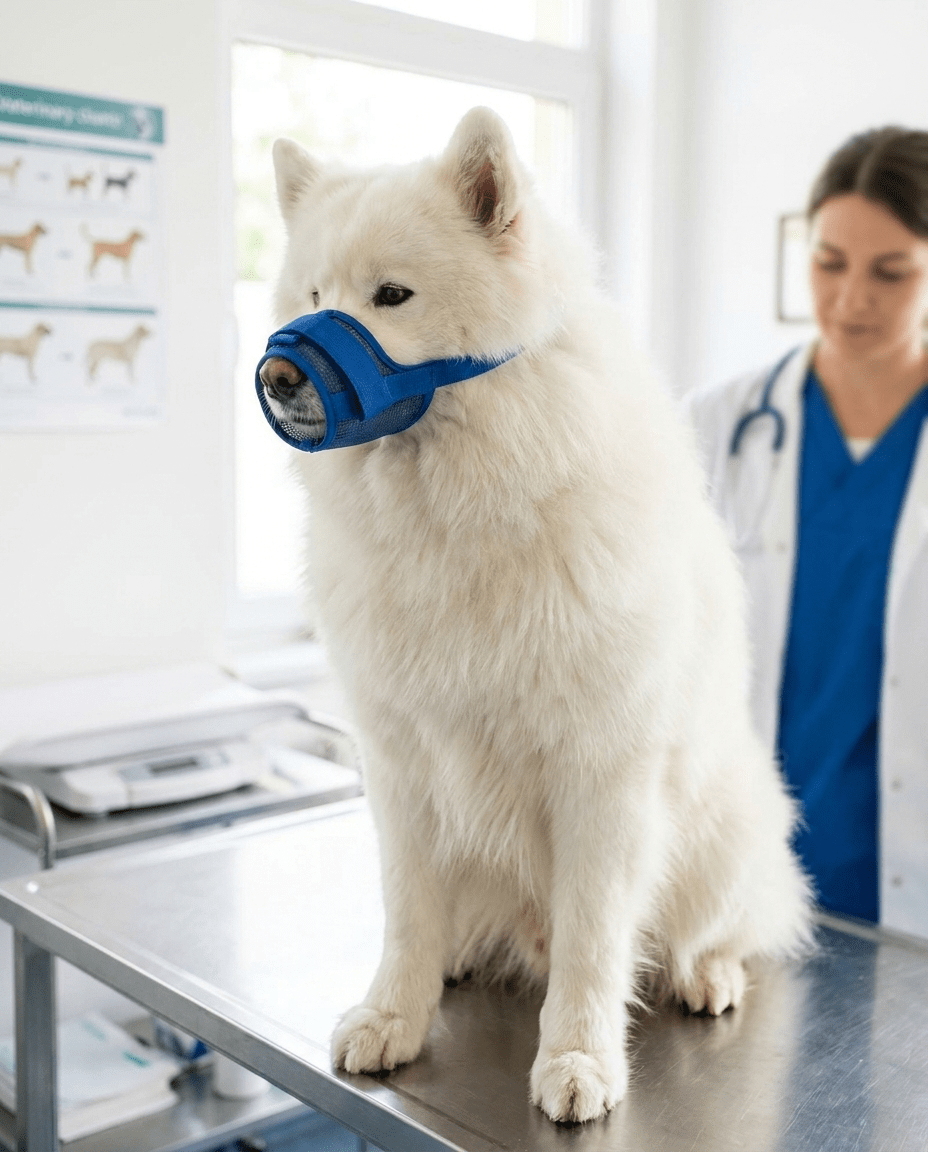 museliere chien a clip de securite bleue sur samoyede chez le veterinaire