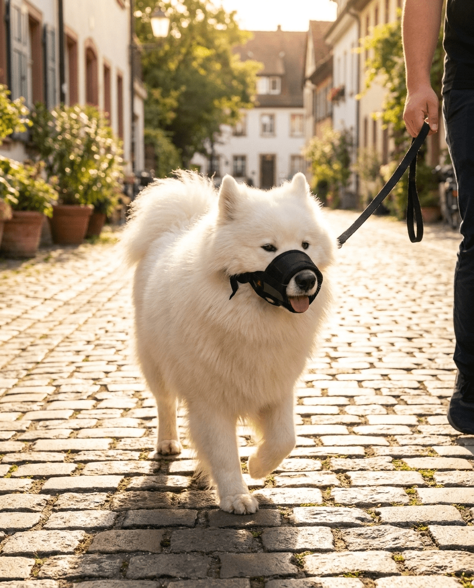 museliere chien a clip de securite noire sur samoyede en promenade