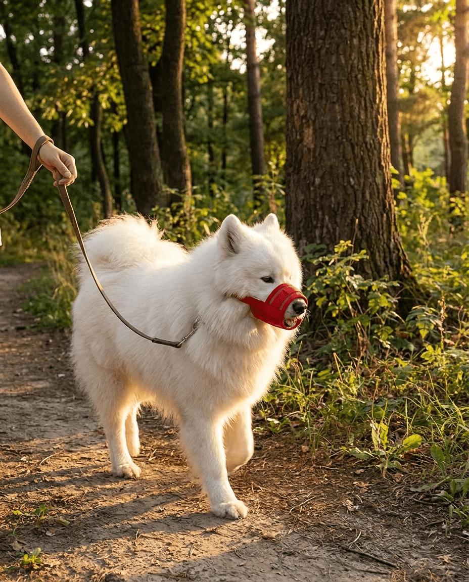 museliere chien a clip de securite rouge sur samoyede en promenade avec son maitre