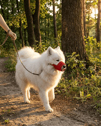 museliere chien a clip de securite rouge sur samoyede en promenade avec son maitre