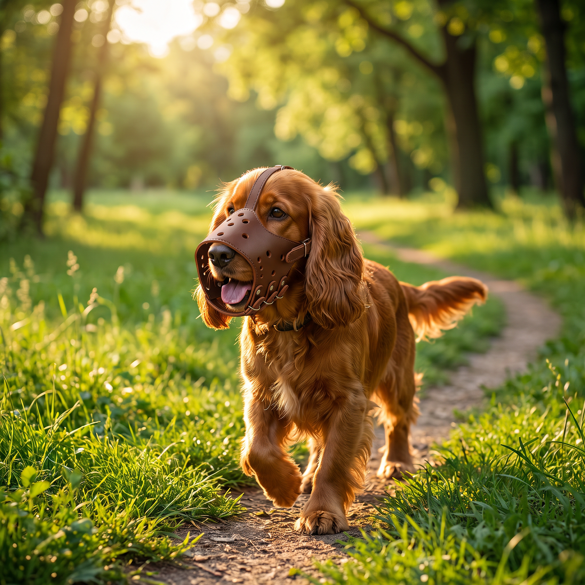 museliere chien en cuir veritable marron sur cocker spaniel en promenade exterieure