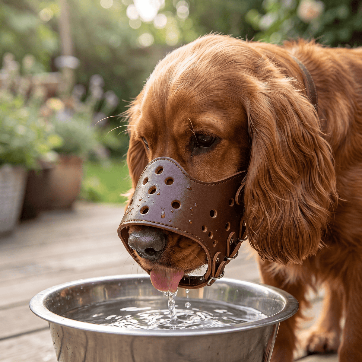 museliere chien en cuir veritable marron sur cocker spaniel qui boit de l'eau