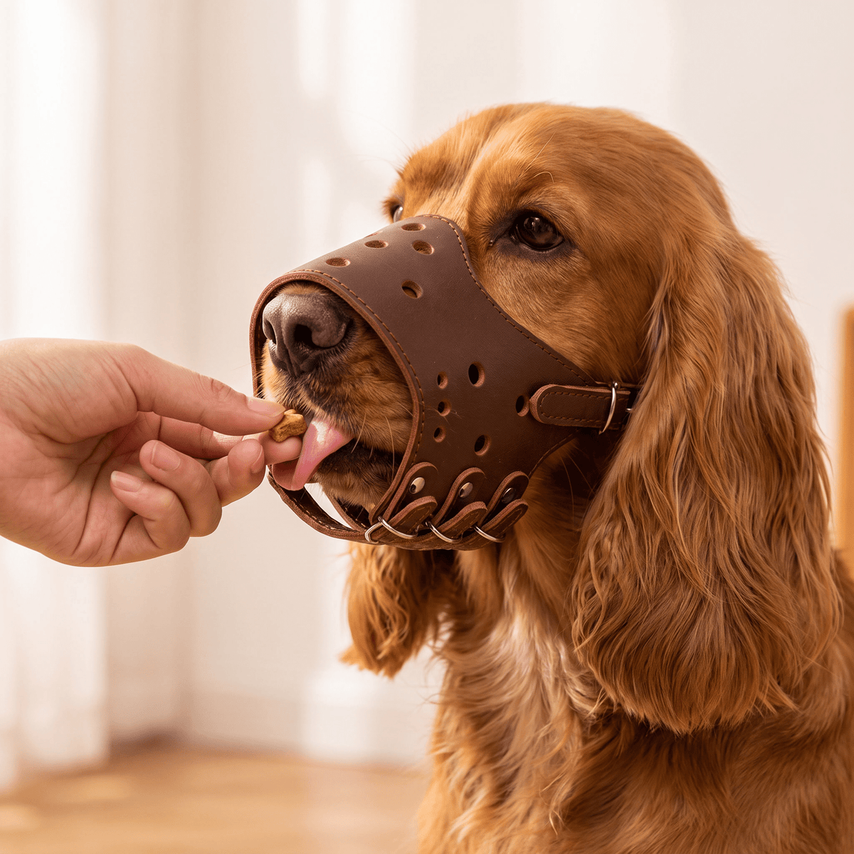 museliere chien en cuir veritable marron sur cocker spaniel recevant une friandise