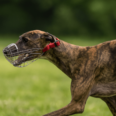 Whippet en pleine course portant une muselière chien en acier inoxydable LevriGuard™ sécurité et confort