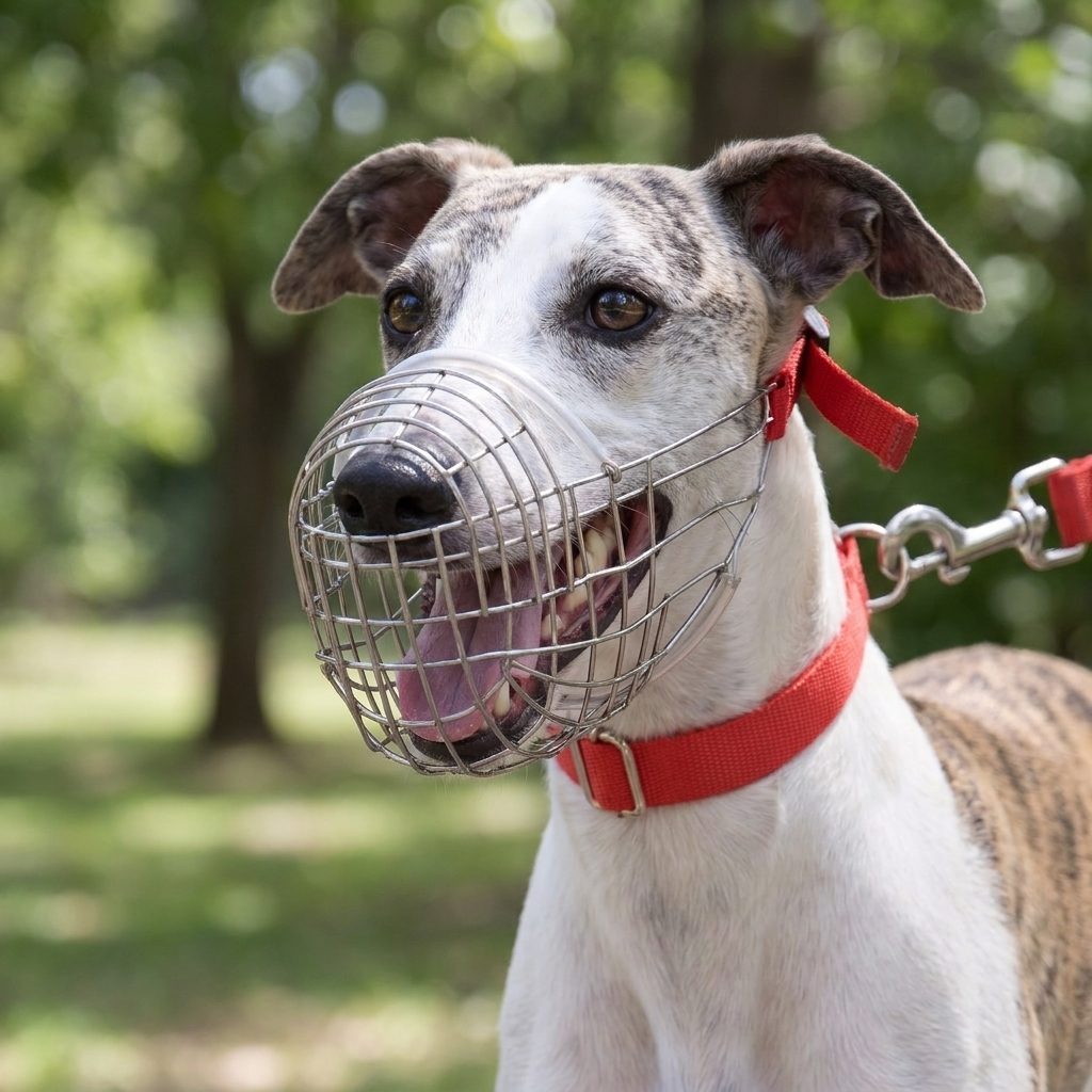 museliere chien museau long acier inoxydable levriguard portrait whippet collier rouge