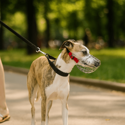 Whippet en promenade au parc portant une muselière chien en acier inoxydable, confort et sécurité