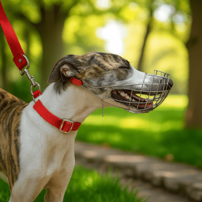 Muselière chien en acier inoxydable avec sangle rouge, chien haletant confortablement -  LevriGuard™
