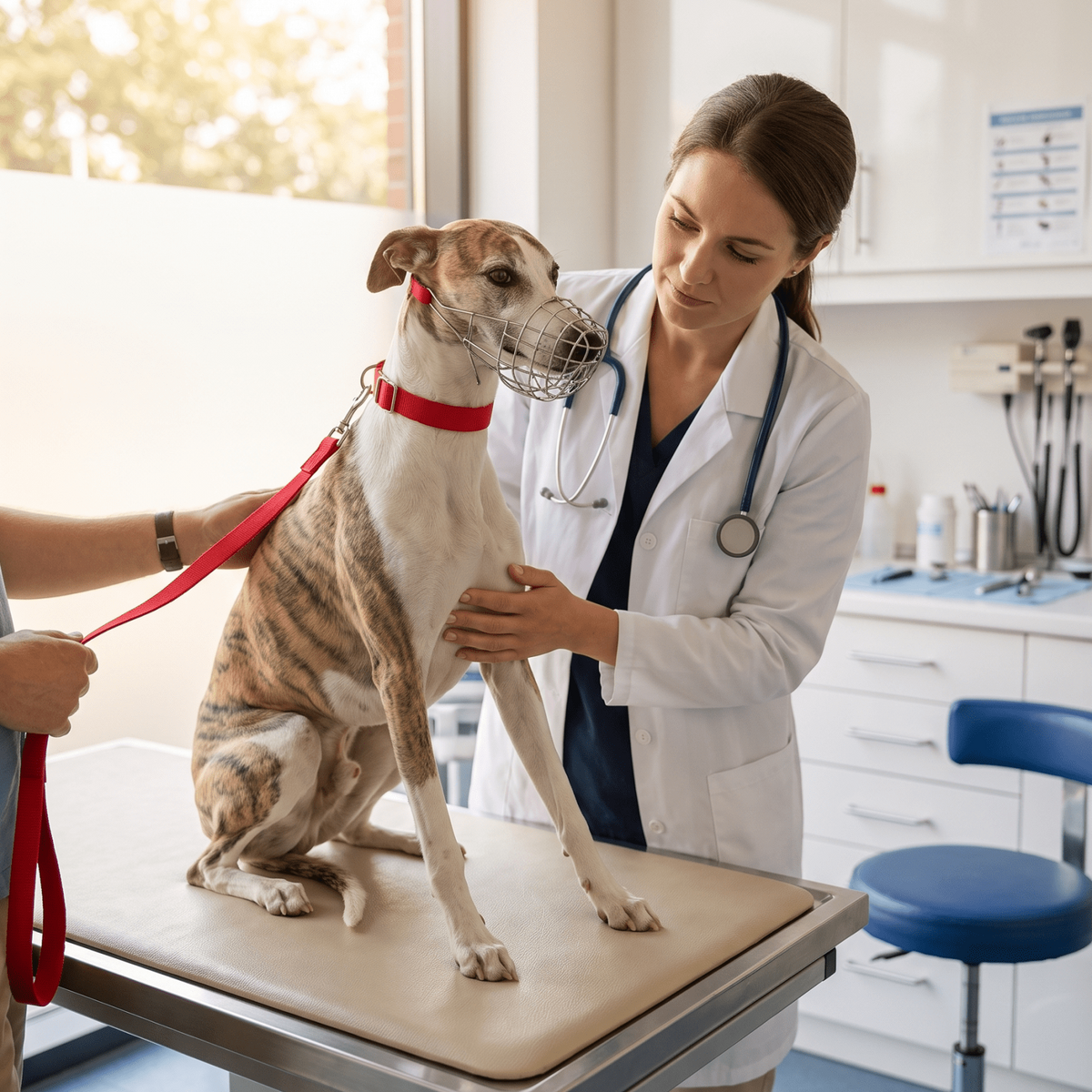 museliere chien museau long acier inoxydable sur whippet visite veterinaire
