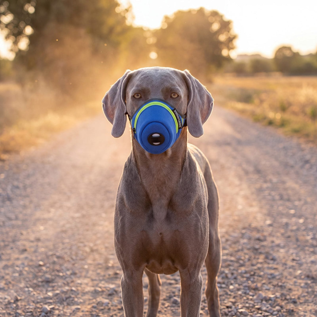 Braque de Weimar de face sur un chemin poussiéreux à contre-jour, portant une muselière chien masque anti-poussière bleue en maille