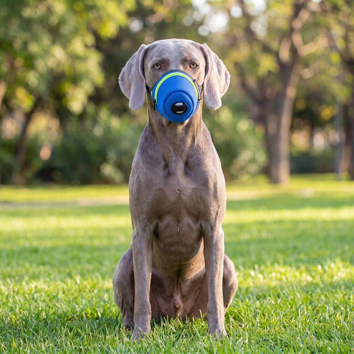 Chien assis de face dans l'herbe avec une muselière masque anti-poussière bleue qui couvre uniquement le museau