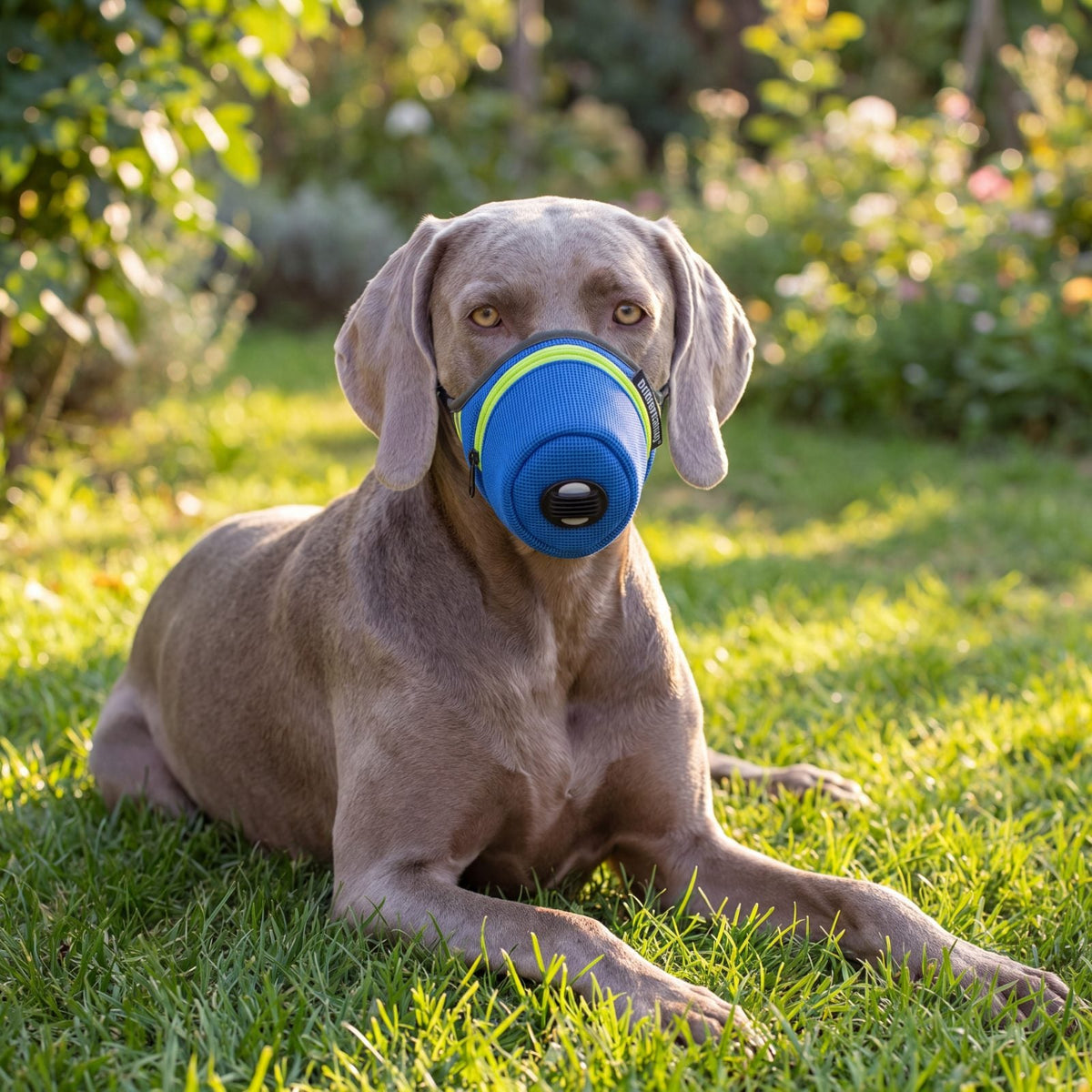 Chien allongé dans l'herbe qui se repose avec sa muselière masque anti-poussière bleue en maille et sa valve