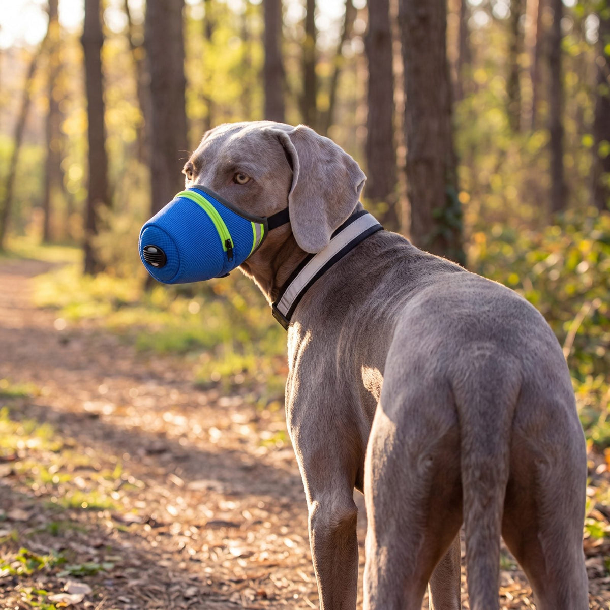 Chien vu de dos sur un sentier forestier, sangle de la muselière masque anti-poussière bleue visible derrière les oreilles