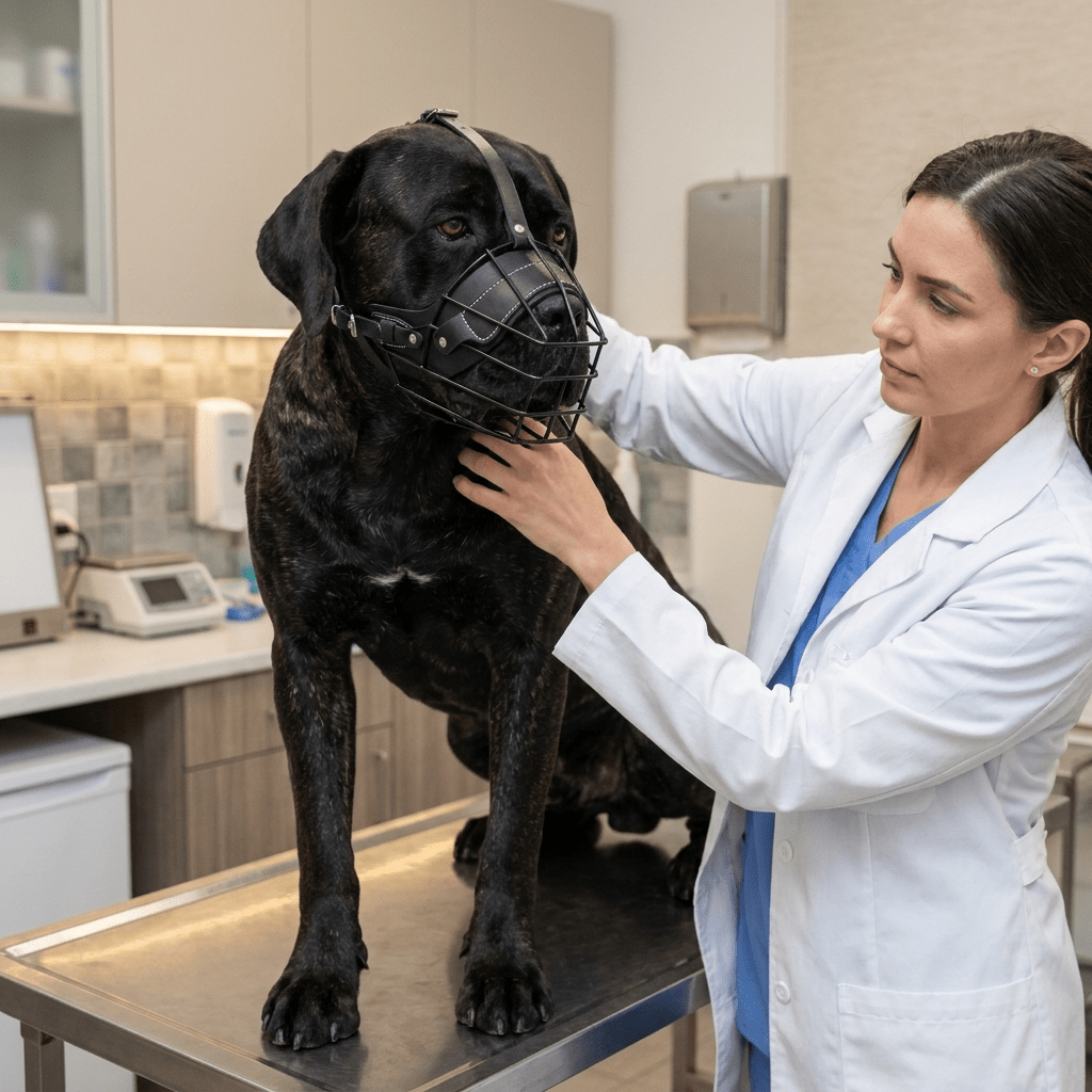 museliere chien musoguard noire sur cane corso visite veterinaire