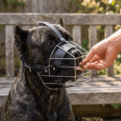 museliere chien musoguard noire sur cane corso recevant une friandise