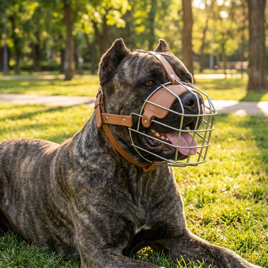 museliere chien musoguard marron clair sur cane corso haletant dans un parc