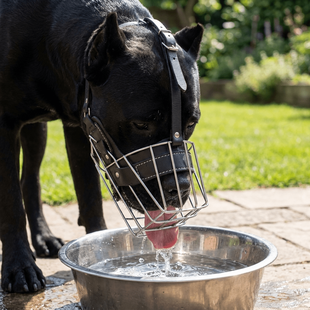 museliere chien musoguard noire sur cane corso buvant de l'eau