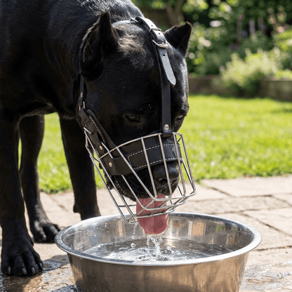 museliere chien musoguard noire sur cane corso buvant de l'eau