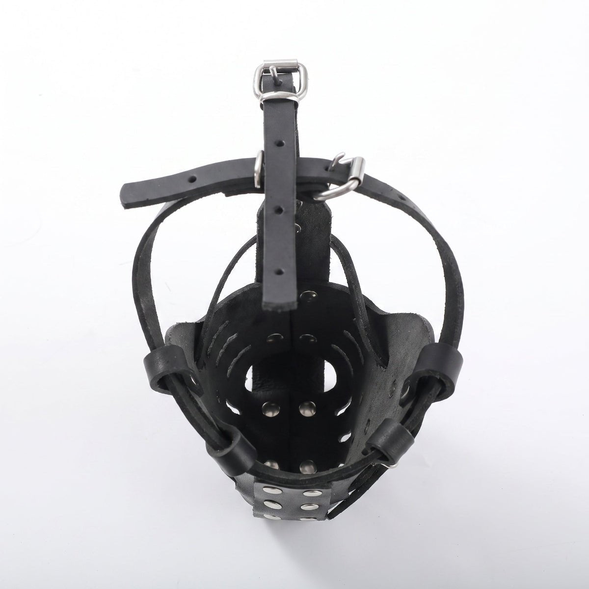 Vue du dessus et intérieur de la muselière pour chien MuzoSteel montrant les sangles de réglage et boucles en acier.