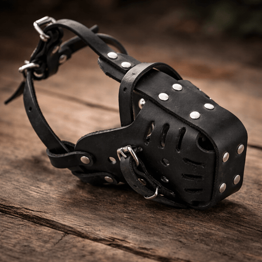 museliere chien en cuir pleine fleur noir mat MuzoSteel avec aerations multiples et rivets metalliques pour protection maximale et confort respirant