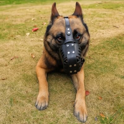 Muselière chien Berger Allemand allongé sur pelouse MuzoSteel