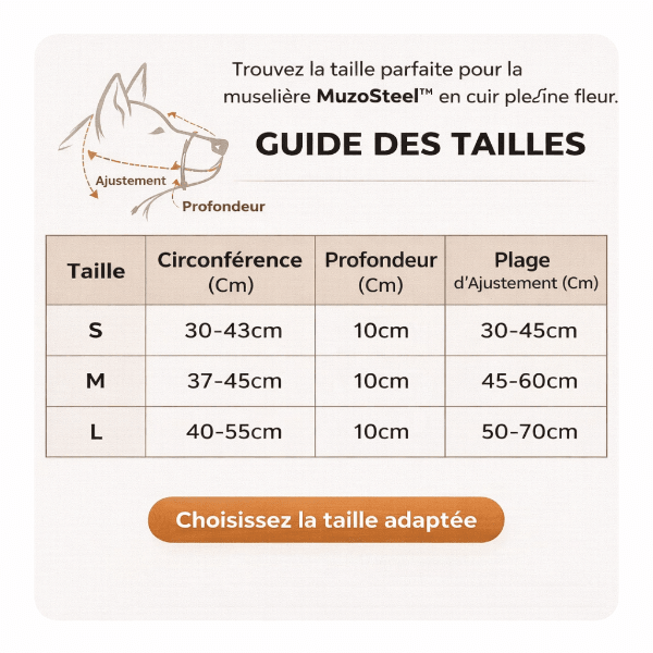 guide des tailles museliere chien MuzoSteel tableau des mesures en centimetres circonference museau profondeur 10 cm et plage d ajustement pour tailles S M L