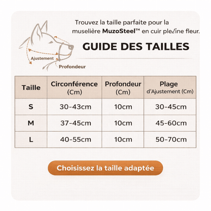 guide des tailles museliere chien MuzoSteel tableau des mesures en centimetres circonference museau profondeur 10 cm et plage d ajustement pour tailles S M L